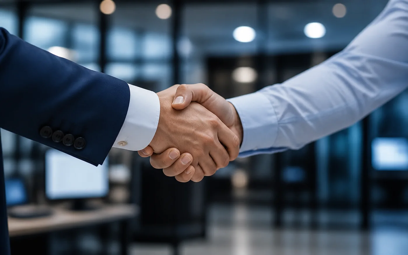 Business professionals shaking hands in a modern office