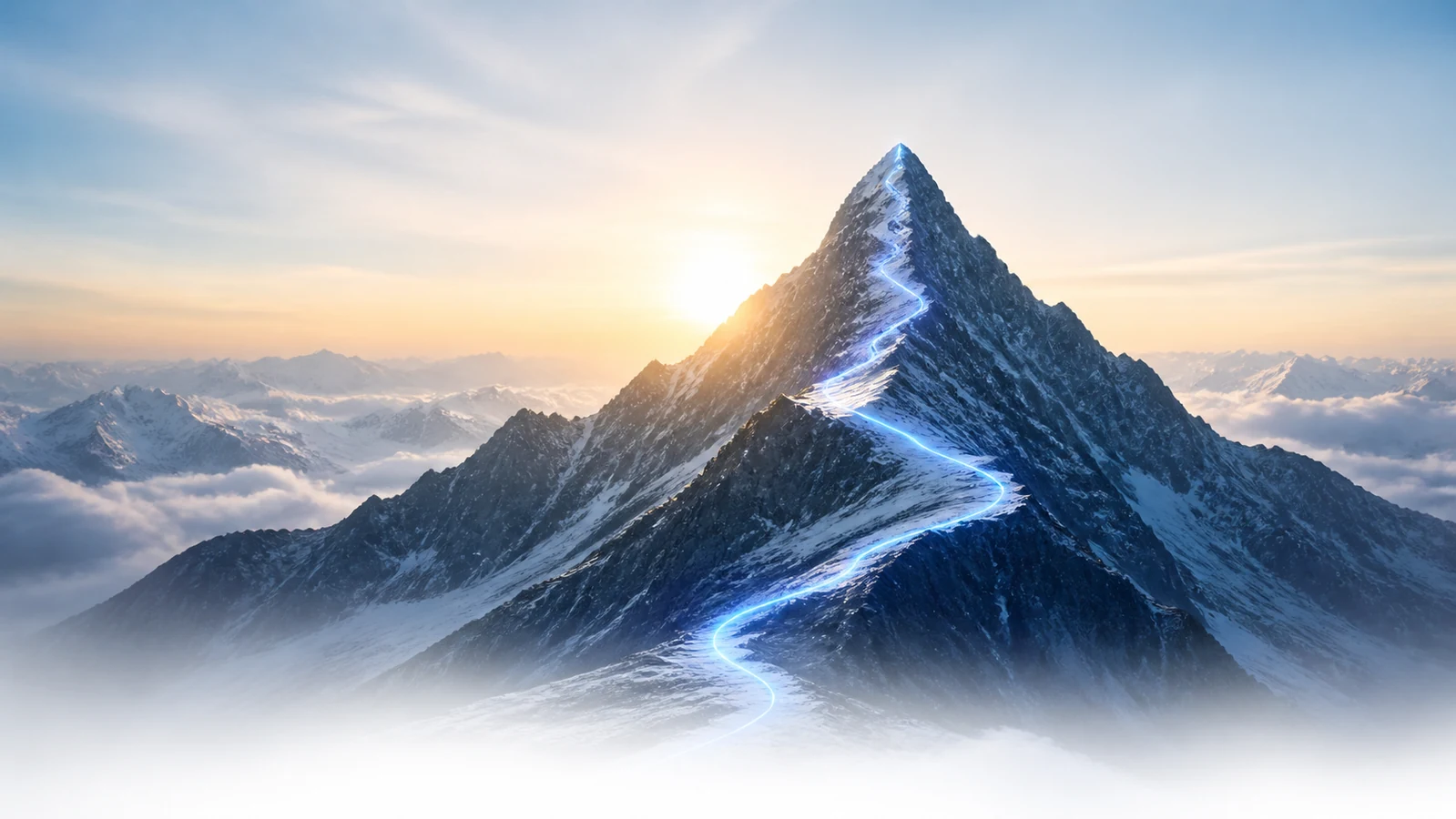Mountain summit with a luminous blue path rising to the peak