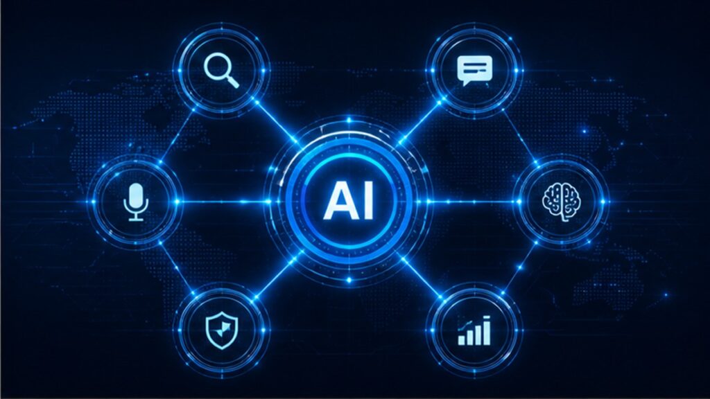 AI visibility network connecting a central intelligence hub to digital channels