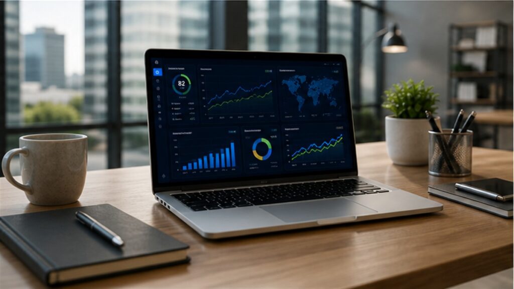 Laptop displaying website analytics and technical performance charts